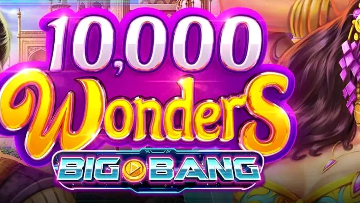 Pemandangan visual slot 10,000 Wonders Big Bang dengan latar belakang kuil megah.
