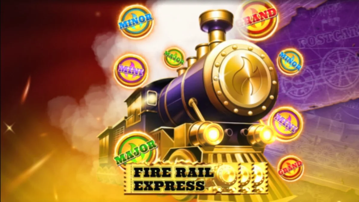 Tampilan visual slot Fire Rail Express dengan tema kereta api steampunk dan mekanik Hold & Win.